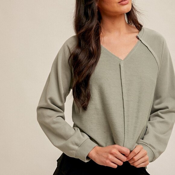 HEM & THREAD Sage Green Long Sleeve V-Neck Top, Soft Lightweight Neutral - Picture 1 of 4